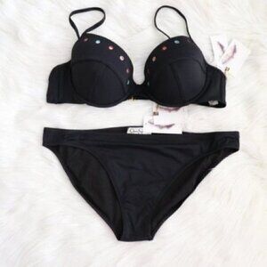 NWT Jessica Simpson Black Bralette Sexy Bikini Set Size Medium Bathing Suit